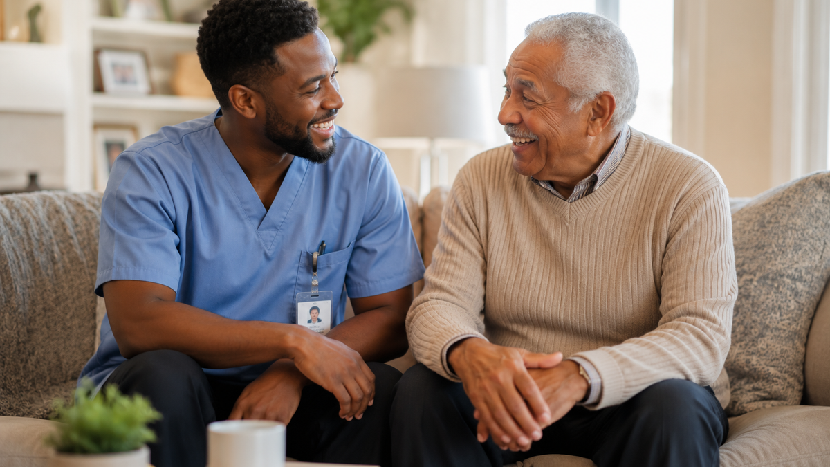 Caregiver and elderly man talking and laughing together in a cozy home
