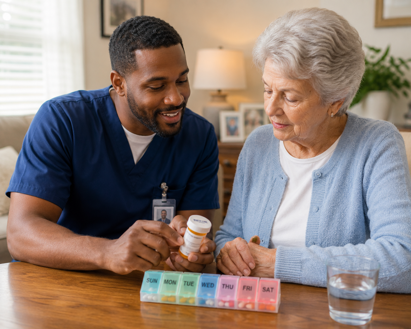 Caregiver reviewing a medication bottle with a senior woman alongside a weekly pill organizer