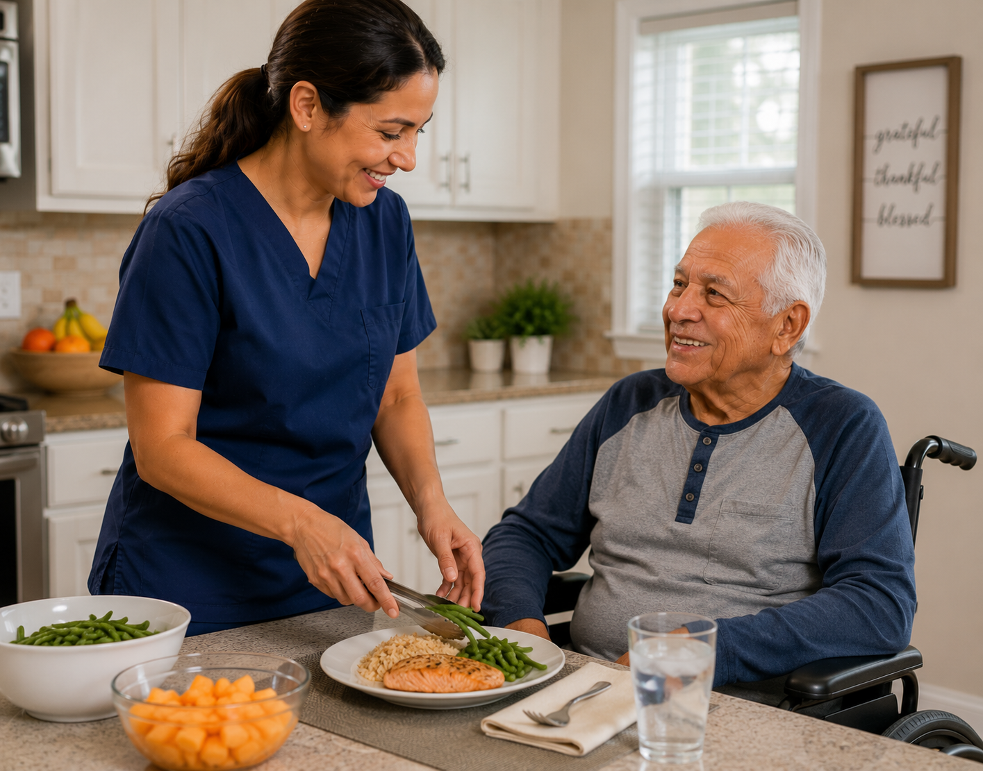 Caregiver preparing a healthy meal for a senior in a bright home kitchen