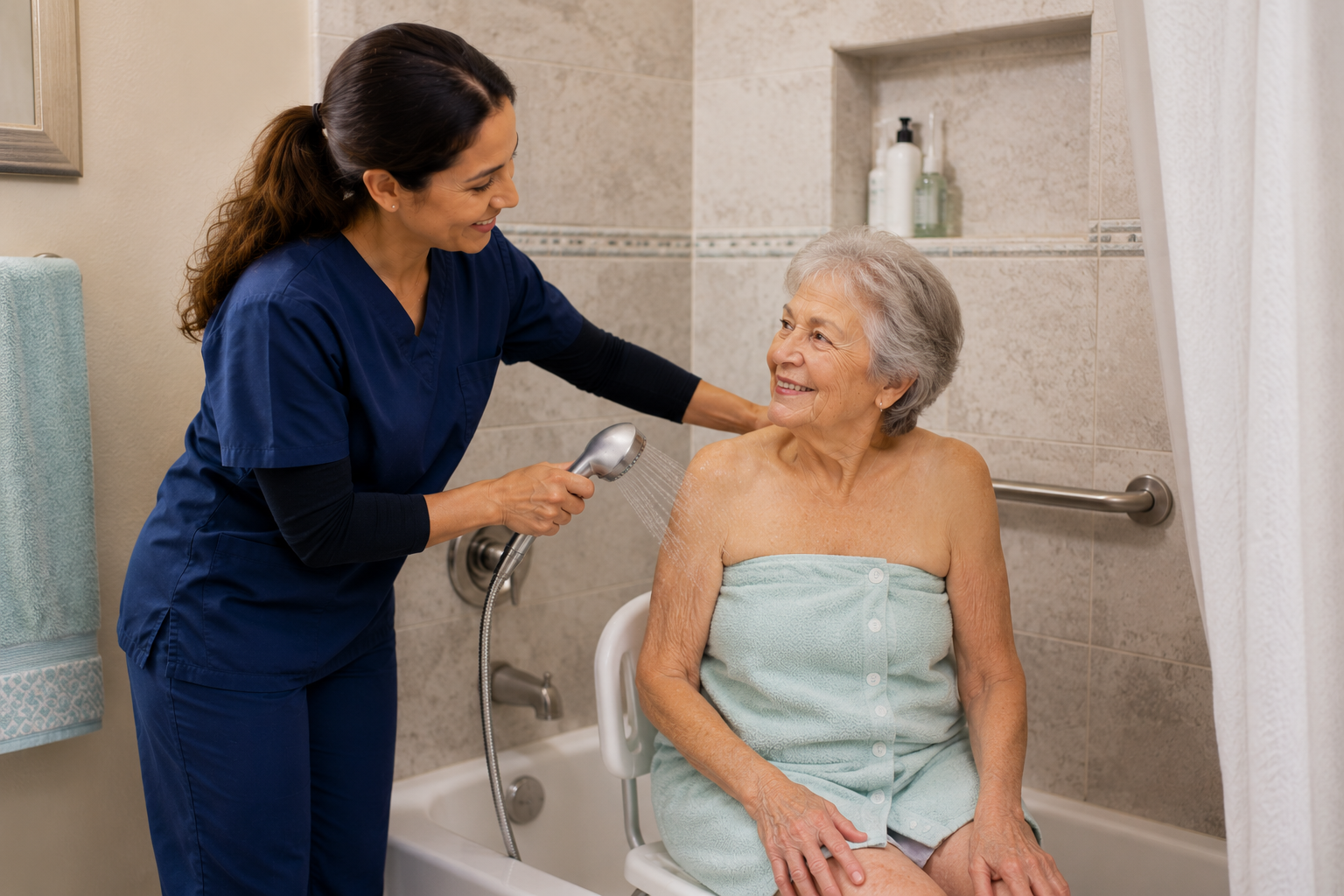 Caregiver assisting a senior with personal care at home