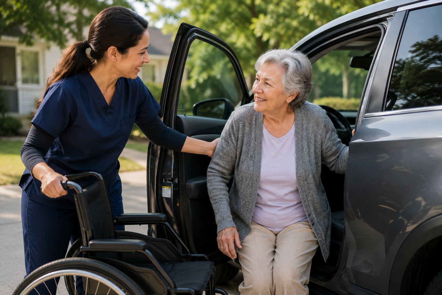 Caregiver helping a senior out of a car with a wheelchair ready at the passenger door